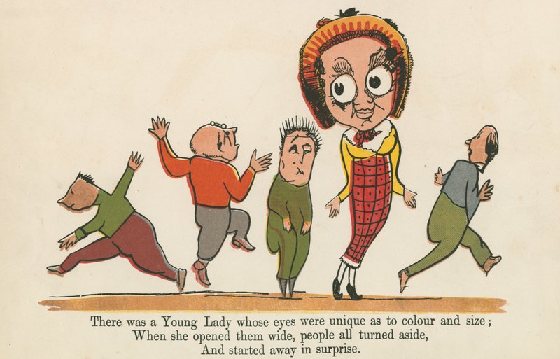 Byla jedna mladá dáma, jejíž oči měly jedinečnou barvu a velikost, z knihy "A Book of Nonsense", vydané nakladatelstvím Frederick Warne and Co., Londýn, asi 1875. od Edward Lear
