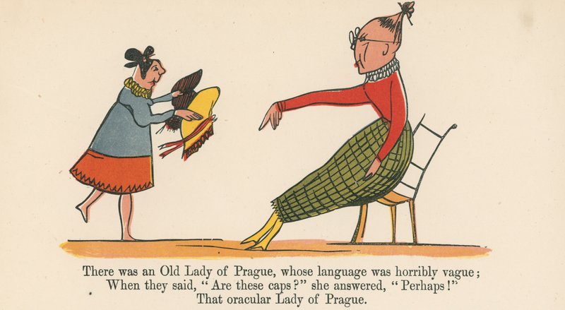 Jedna stará dáma z Prahy, jejíž jazyk byl strašně vágní, z knihy „Kniha nesmyslů“, kterou vydal Frederick Warne and Co., Londýn, kolem roku 1875 od Edward Lear