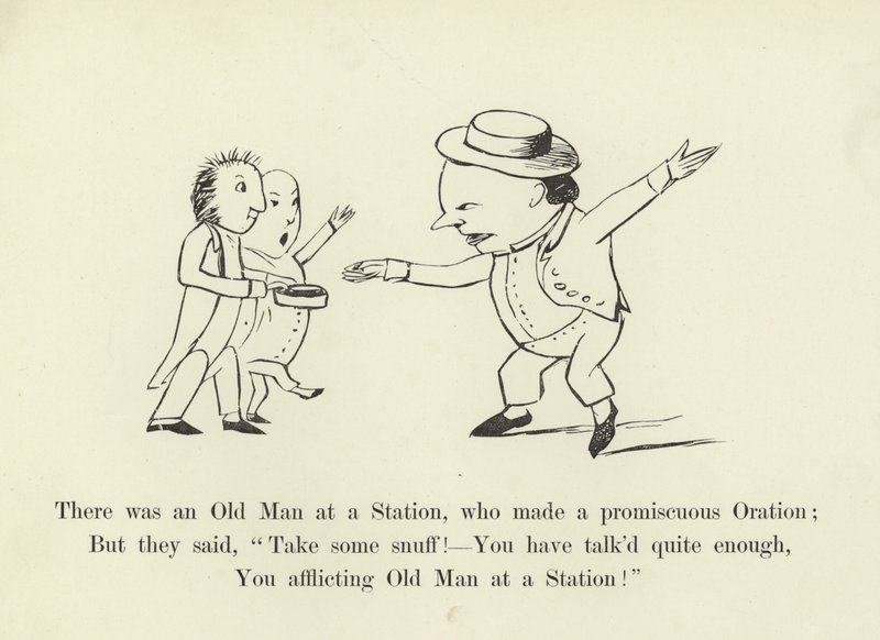 Na stanici byl starý muž, který pronášel promiskuitní řeč od Edward Lear