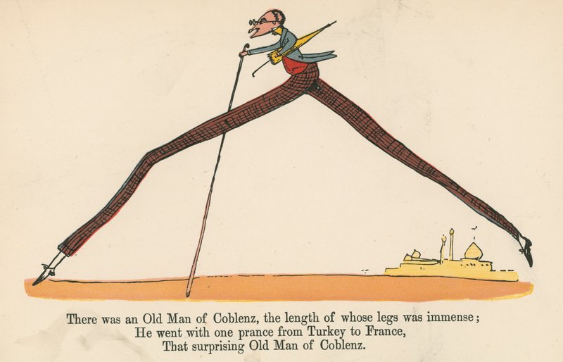 Byl tam starý muž z Coblenz, jehož nohy byly obrovské, z knihy „Kniha nesmyslů“, kterou vydal Frederick Warne and Co., Londýn, kolem roku 1875 od Edward Lear