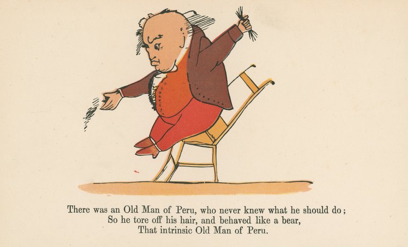 Byl jeden stařec z Peru, který nikdy nevěděl, co má dělat, z knihy "A Book of Nonsense", vydané nakladatelstvím Frederick Warne and Co., Londýn, cca 1875. od Edward Lear