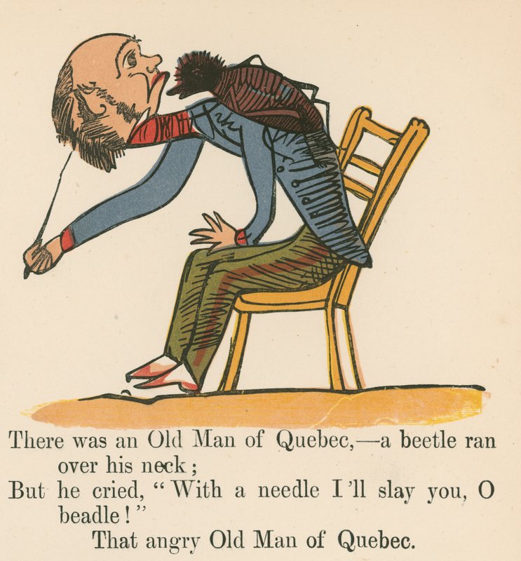 Byl jeden stařec z Quebecu - přes krk mu přeběhl brouk, z knihy "A Book of Nonsense", vydané nakladatelstvím Frederick Warne and Co., Londýn, cca 1875. od Edward Lear