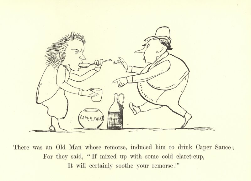 Byl tam starý muž, jehož výčitky svědomí ho přiměly vypít kaparovou omáčku od Edward Lear