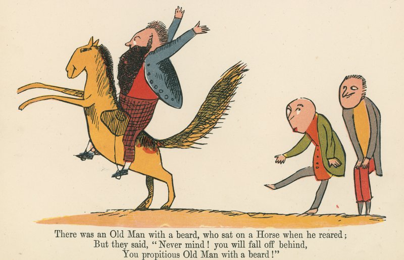 Byl tam starý muž s plnovousem, který seděl na koni, když se choval, z knihy „Kniha nesmyslů“, kterou vydal Frederick Warne and Co., Londýn, kolem roku 1875 od Edward Lear
