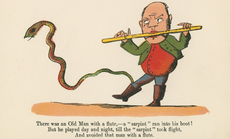 Byl tam starý muž s flétnou – „sarpint“ mu vběhl do boty!, z „Knihy nesmyslů“, vydané nakladatelstvím Frederick Warne and Co., Londýn, kolem roku 1875 od Edward Lear