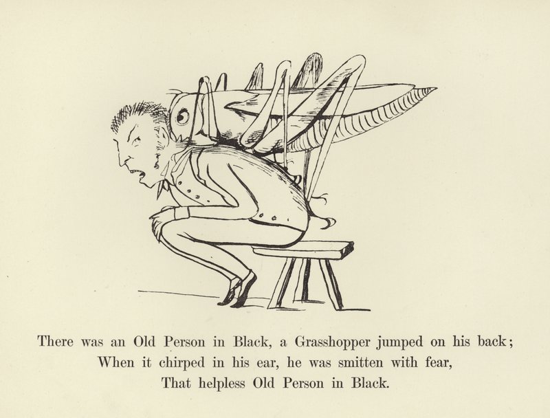 Byl tam Starý člověk v černém, na záda mu skočil Kobylka od Edward Lear