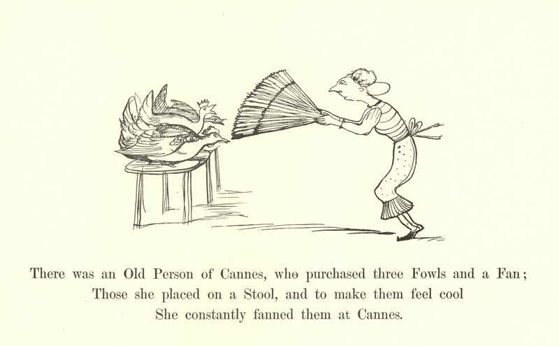 Byl tam starý člověk z Cannes, který si koupil tři slepice a ventilátor od Edward Lear