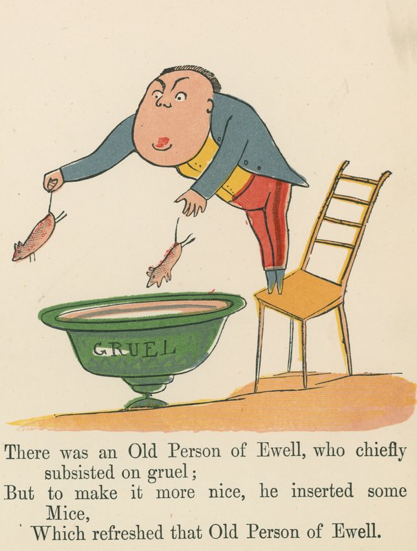 Existoval starý Ewellův starý člověk, který se živil hlavně kaší, z knihy „Kniha nesmyslů“, kterou vydal Frederick Warne and Co., Londýn, kolem roku 1875 od Edward Lear