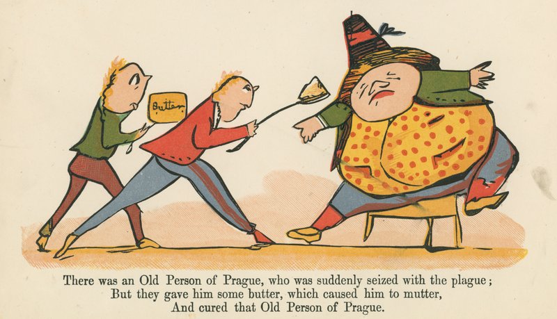 Byl tam starý Pražák, kterého náhle zachvátil mor, z knihy „Kniha nesmyslů“, kterou vydal Frederick Warne and Co., Londýn, kolem roku 1875 od Edward Lear