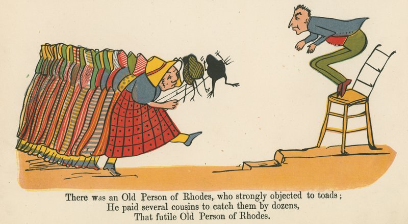 Existoval jeden starý člověk z Rhodosu, který silně protestoval proti ropuchám, z knihy „A Book of Nonsense“, kterou vydal Frederick Warne and Co., Londýn, kolem roku 1875 od Edward Lear