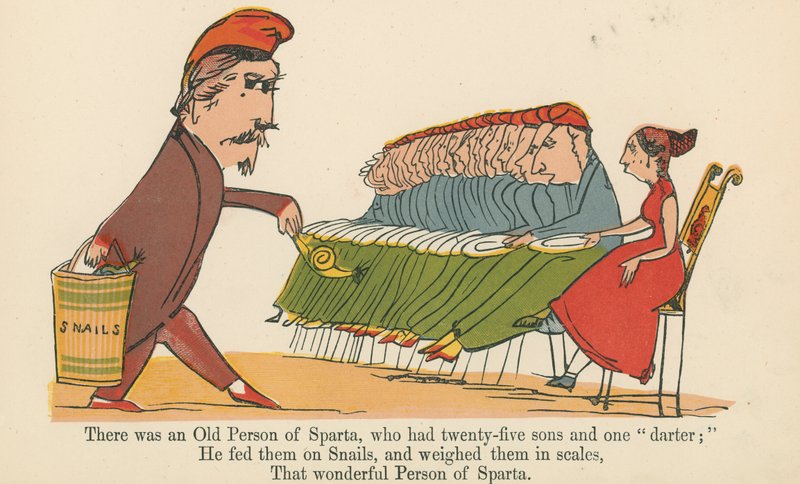 Byl jeden starý člověk ze Sparty, který měl dvacet pět synů a jednoho „dartera“, z „Knihy nesmyslů“, kterou vydal Frederick Warne and Co., Londýn, kolem roku 1875 od Edward Lear