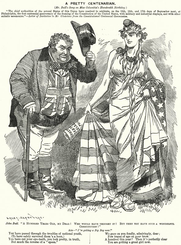 Punch cartoon: A Pretty Centenarian - sté výročí sepsání ústavy Spojených států (rytina) od Edward Linley (after) Sambourne