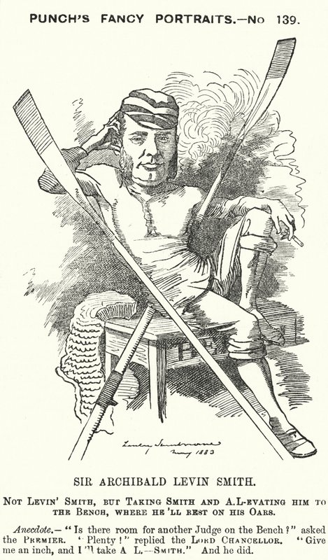 Punch cartoon: Archibald Levin Smith, anglický rozhodčí a veslař, který soutěžil v závodě univerzitních člunů a na Henley Royal Regatta (rytina) od Edward Linley (after) Sambourne