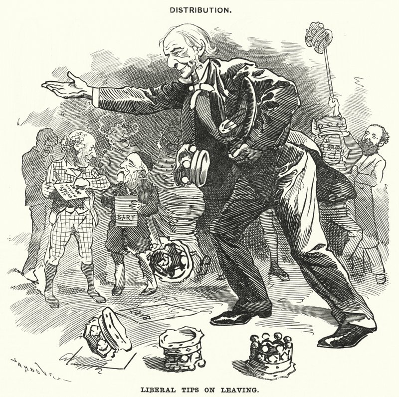 Punch cartoon: Distribuce. Liberální tipy na odchod (rytina) od Edward Linley (after) Sambourne