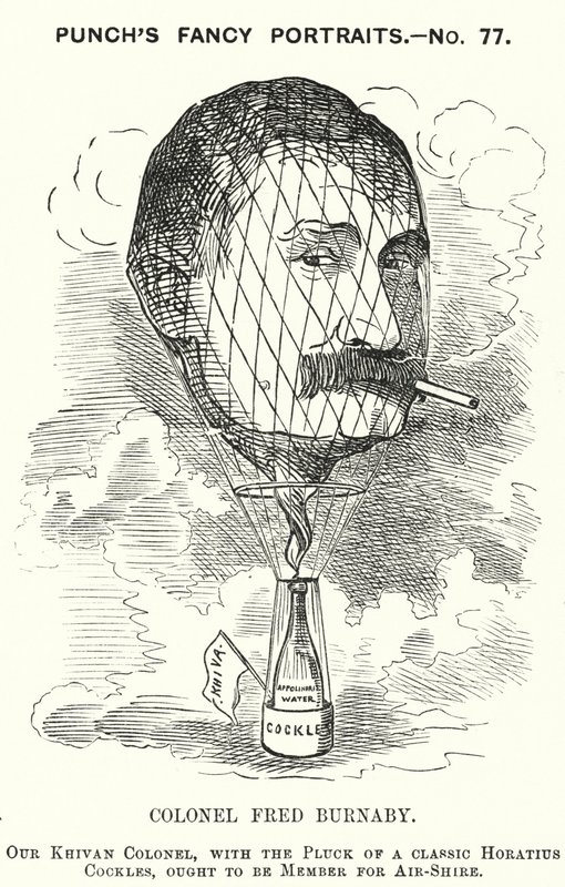 Punch cartoon: Frederick Burnaby, britský armádní zpravodajský důstojník a balonista (rytina) od Edward Linley (after) Sambourne