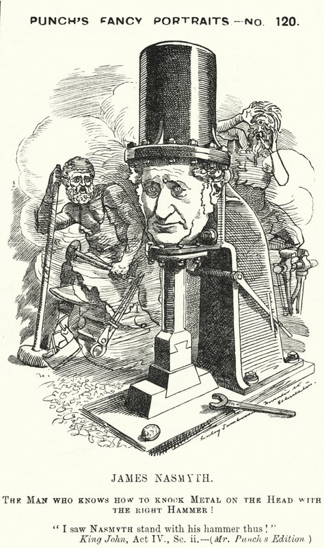 Punch cartoon: James Nasmyth, skotský inženýr a vynálezce parního kladiva (rytina) od Edward Linley (after) Sambourne