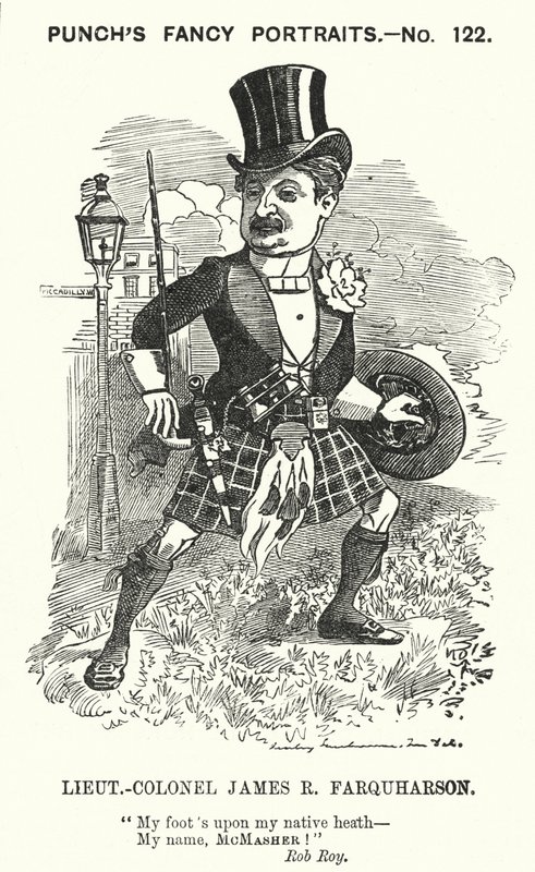 Punch cartoon: James Ross Farquharson, skotský voják (rytina) od Edward Linley (after) Sambourne