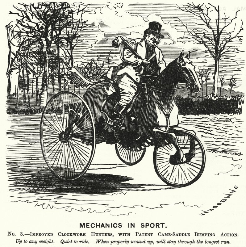Punch cartoon: Mechanici ve sportu. Č. 3. - Vylepšené strojek Clockwork Hunters, s patentovaným camb-Saddle Bumping Action (gravírování) od Edward Linley (after) Sambourne