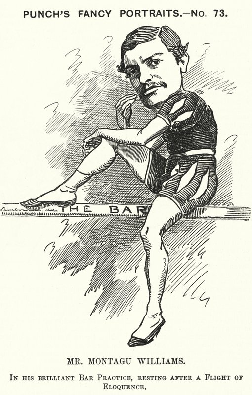 Punch cartoon: Montagu Williams, učitel angličtiny, voják, herec, dramatik, advokát a soudce (rytina) od Edward Linley (after) Sambourne