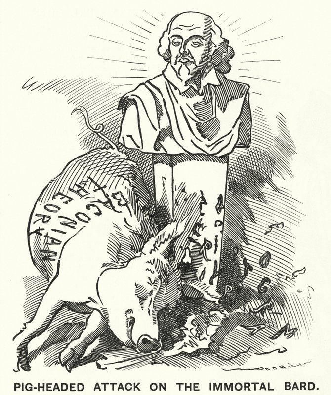 Punch cartoon: Pig-headed Attack on the Immortal Bard - teorie, že hry Williama Shakespeara ve skutečnosti napsal Sir Francis Bacon (rytina) od Edward Linley (after) Sambourne