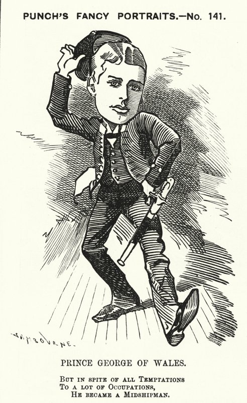 Punch cartoon: Prince George of Wales, budoucí král George V, jako praporčík v Royal Navy (rytina) od Edward Linley (after) Sambourne