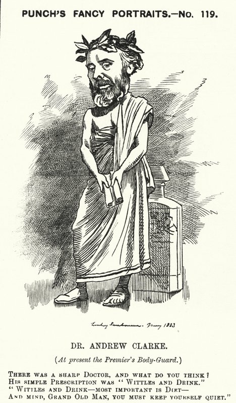 Punch cartoon: Sir Andrew Clarke, britský lékař, lékař Williama Ewarta Gladstonea (rytina) od Edward Linley (after) Sambourne