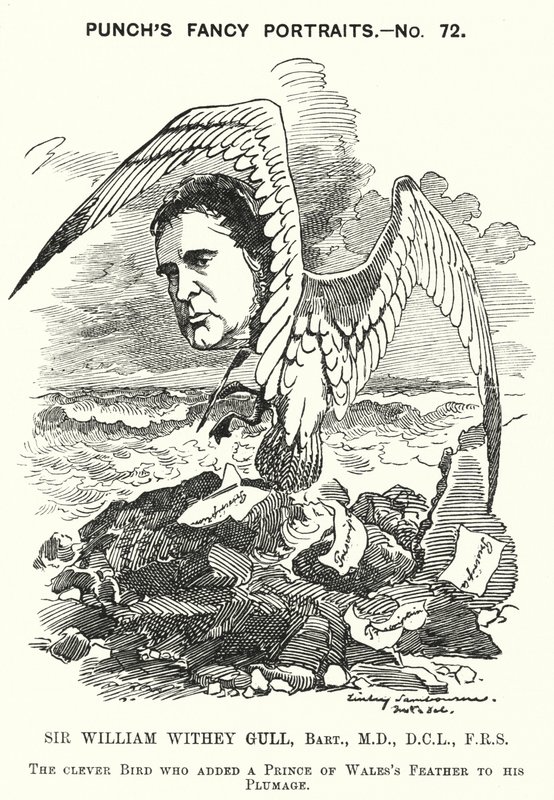 Punch cartoon: Sir William Withey Gull, anglický lékař, který léčil prince z Walesu na tyfus a stal se obyčejným lékařem královny Viktorie (rytina) od Edward Linley (after) Sambourne