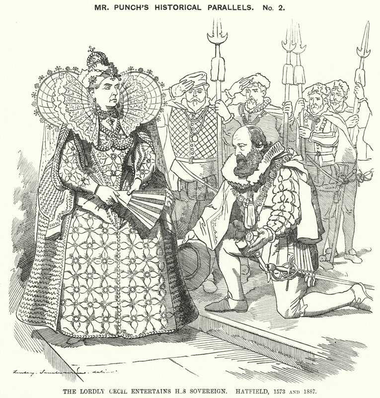 Punch cartoon: The Lordly Cecil Entertains his Sovereign, Hatfield od Edward Linley (after) Sambourne