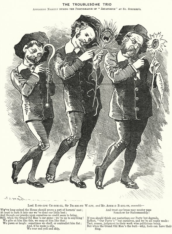 Punch cartoon: The Troublesome Trio: Lord Randolph Churchill, Henry Drummond Wolff a Ellis Ashmead-Bartlett, britští konzervativní politici (rytina) od Edward Linley (after) Sambourne