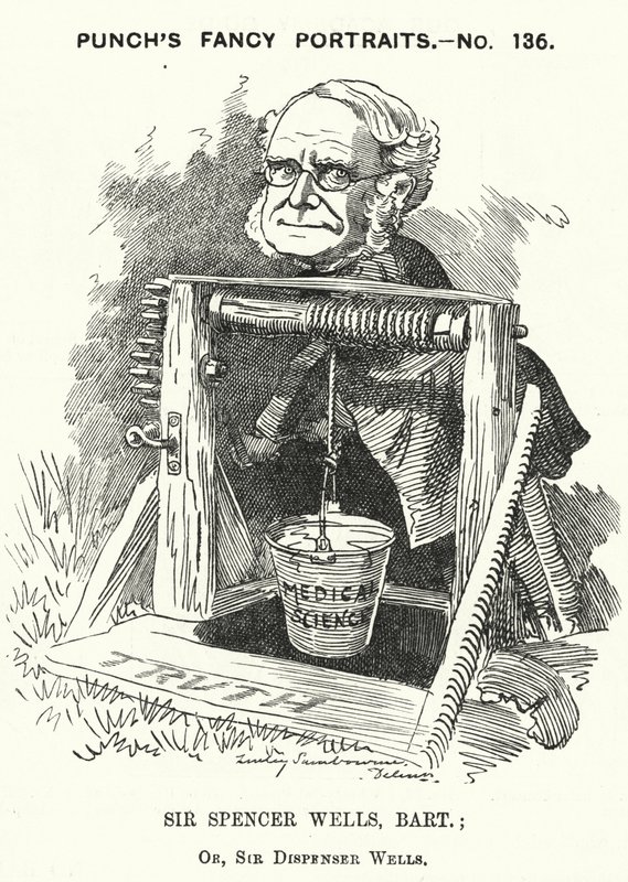 Punch cartoon: Thomas Spencer Wells, anglický lékař, chirurg královny Viktorie (rytina) od Edward Linley (after) Sambourne