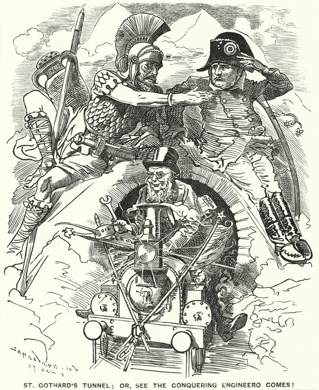 Punch cartoon: dokončení železničního tunelu St Gotthard pod Alpami (rytina) od Edward Linley (after) Sambourne