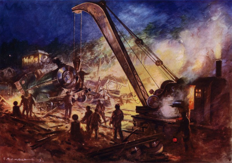Jeřáb odklízení trosek z místa železničního neštěstí (barva lito) od Edward Parick Kinsella