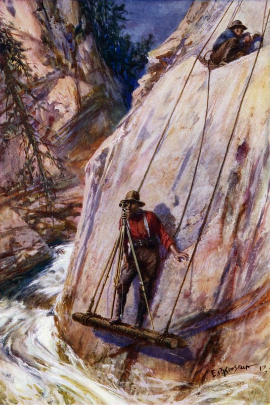 Železniční inspektoři provádějící nejisté práce na trase horské dráhy (barevné lito) od Edward Parick Kinsella