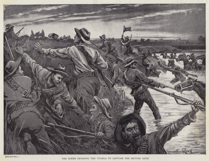 Búrové překračující Tugelu, aby zajali britská děla (litho) od Edward Read