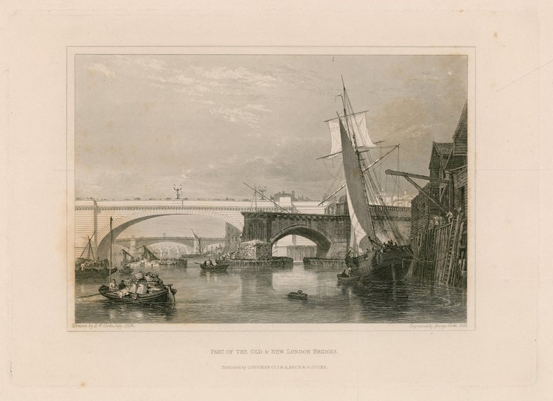 Část starých a nových londýnských mostů. Nakresleno 1832 od Edward William Cooke