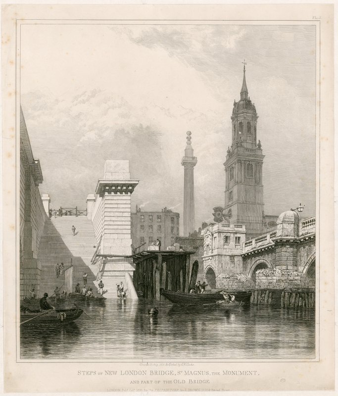 Schody New London Bridge, St Magnus, Monument a část Starého mostu od Edward William Cooke