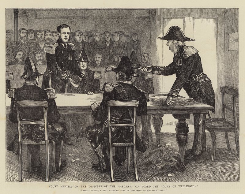 Válečný soud s důstojníky Megaery na palubě lodi Duke of Wellington od Edwin Buckman