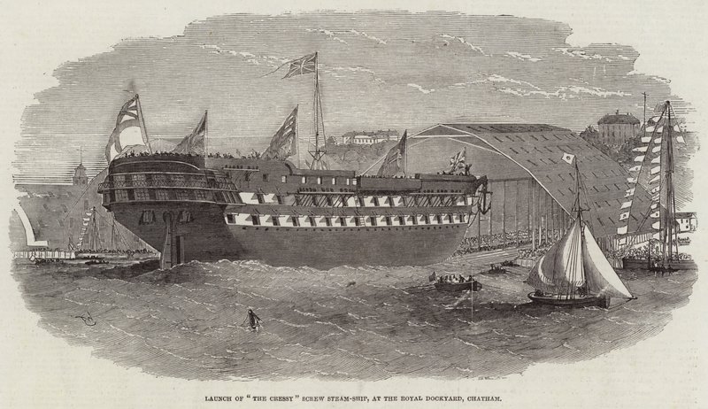 Vypuštění parní lodi Cressy Screw v Royal Dockyard, Chatham od Edwin Weedon