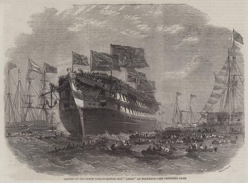 Start bitevní lodi Screw Line-of-Battle Ship Anson ve Woolwichi od Edwin Weedon
