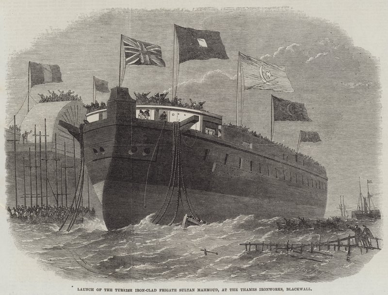 Start turecké železné fregaty Sultan Mahmoud v železárnách Thames, Blackwall od Edwin Weedon