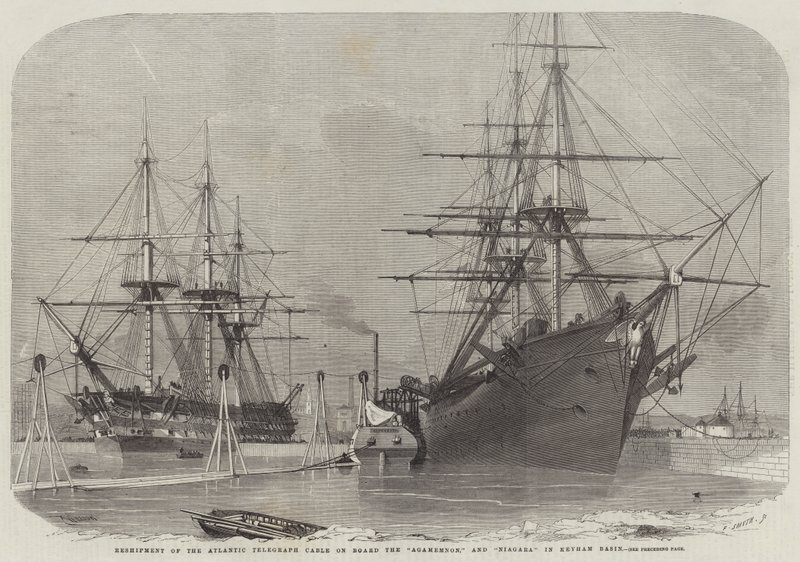 Překládka atlantického telegrafního kabelu na palubu lodí Agamemnon a Niagara v Keyhamské pánvi od Edwin Weedon