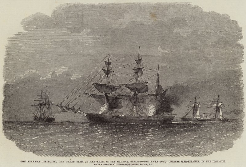 Alabama ničící Texan Star nebo Martaban v Malackém průlivu, Kwan-Tung, čínský válečný parník, v dálce od Edwin Weedon