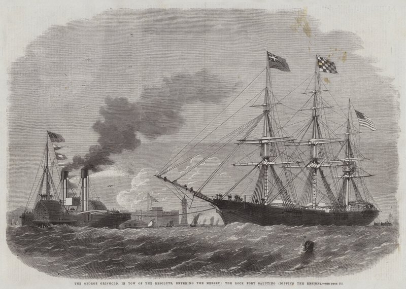 George Griswold v Tow of the Resolute vchází do Mersey, skalní pevnost zasalutuje a ponoří praporčíka od Edwin Weedon