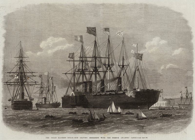 Velká východní parní loď opouštějící Sheerness s francouzským Atlantickým kabelem od Edwin Weedon