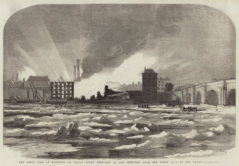 Velký požár na Bankside, v pátek večer, 16. února 1855, načrtnutý ze severního břehu Temže od Edwin Weedon