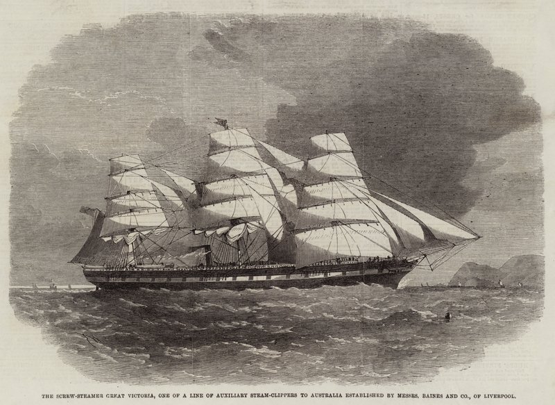Šroubový člun Great Victoria, jeden z řady pomocných parních člunů pro Austrálii, který založila společnost Messers Baines and Company z Liverpoolu. od Edwin Weedon