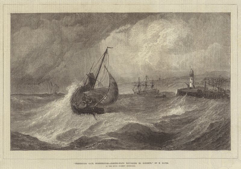 Osvěžující Gale, Scarborough, Rybářské lodě vracející se do přístavu, na výstavě Royal Academy od Edwin Hayes