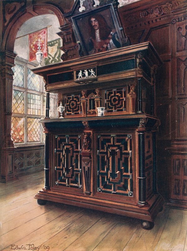 Skříň z dubu a ořechu, s ebenovými panely a sloupy, vykládané palisandrem a vyrytým slonovinou od Edwin John Foley