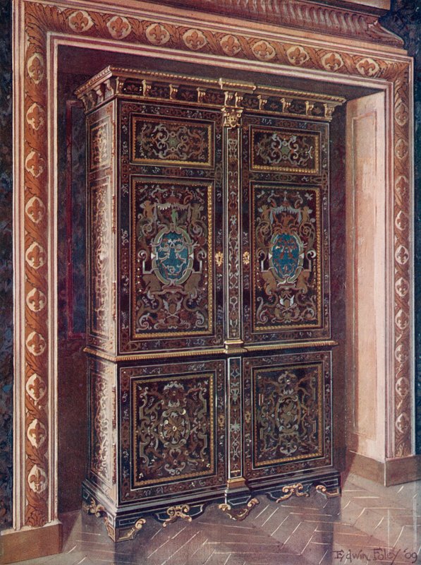 Skříň v ebenu s vykládáním z ryté mosazi a bílého kovu. Chased Ormolu Mountings. Královský monogram L