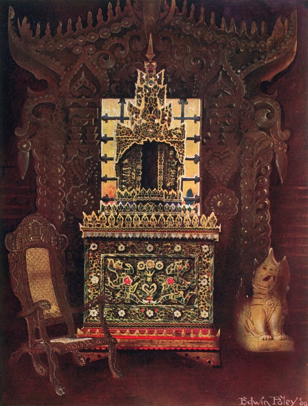 Asijský nábytek ze sbírky lorda Curzona z Kedlestonu, G.C.S.I., D.C.L. atd. Barmské vyřezávané a pozlacené dveře z Mandalay. Buddhistická krabička na rukopis (Poongyi) a svatyně (Sadaik) ze dřeva E od Edwin John Foley